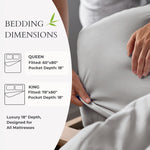 Person adjusting gray bedding with bedding dimensions text overlay