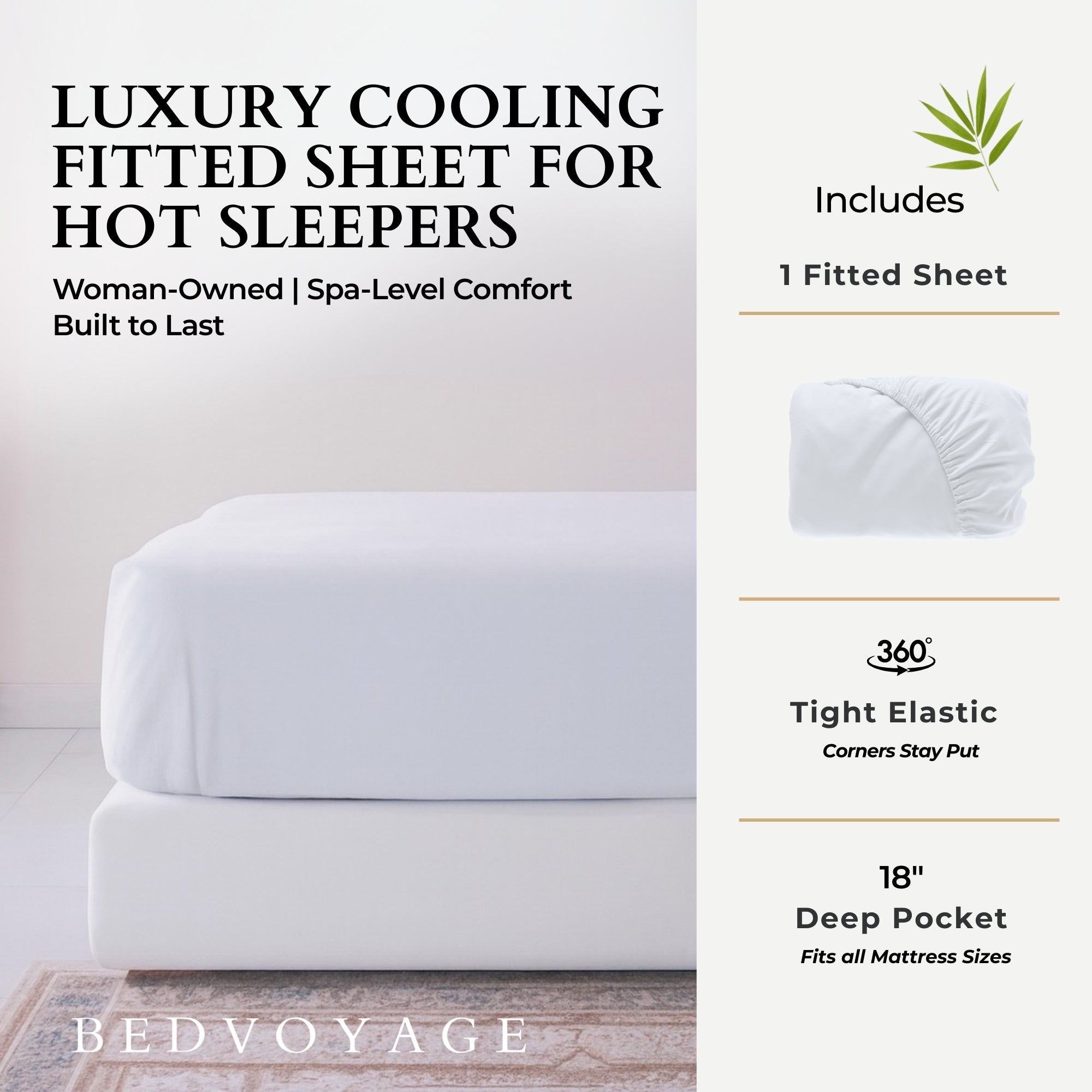 Bedvoyage luxury cooling fitted sheet for hot sleepers with product details on a white background.
