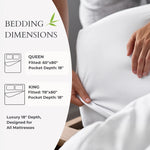 White fitted sheet being adjusted with bedding dimensions text overlay