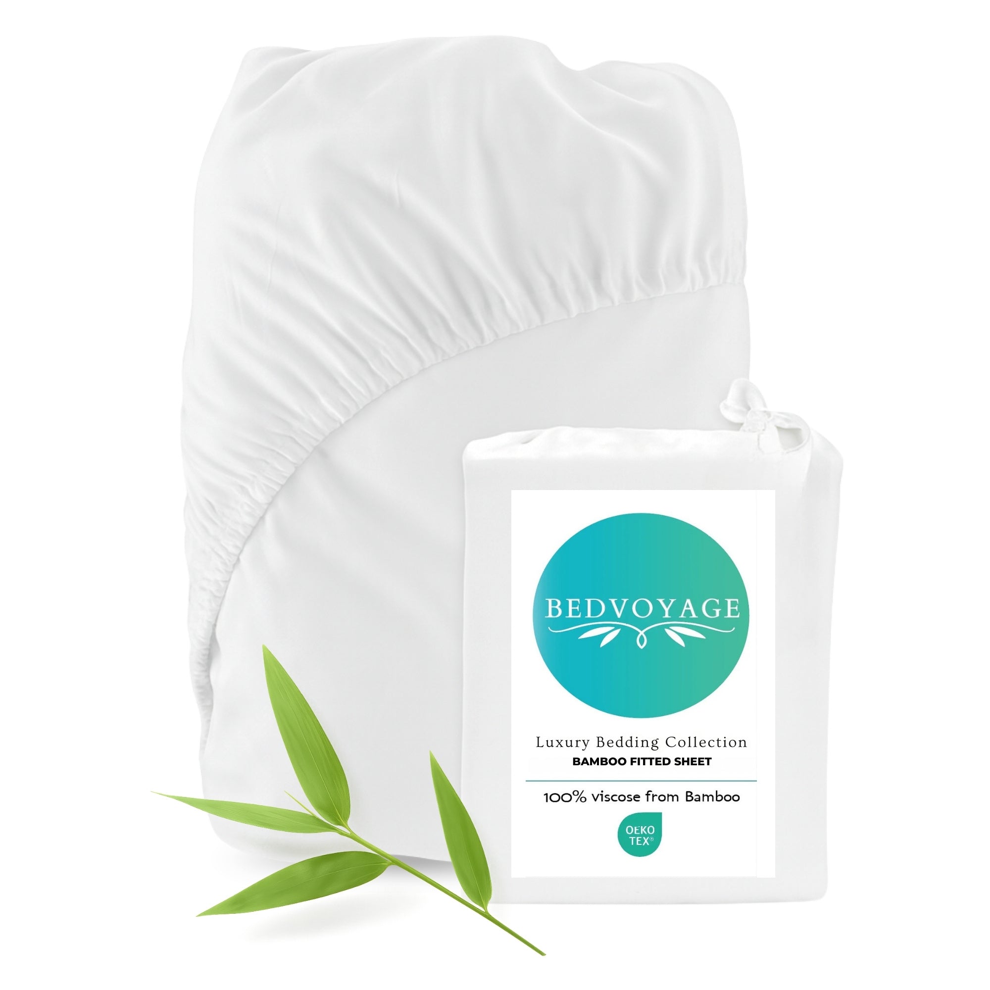 White fitted sheet with 'Bed Voyage' packaging on a white background