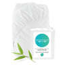 White fitted sheet with 'Bed Voyage' packaging on a white background