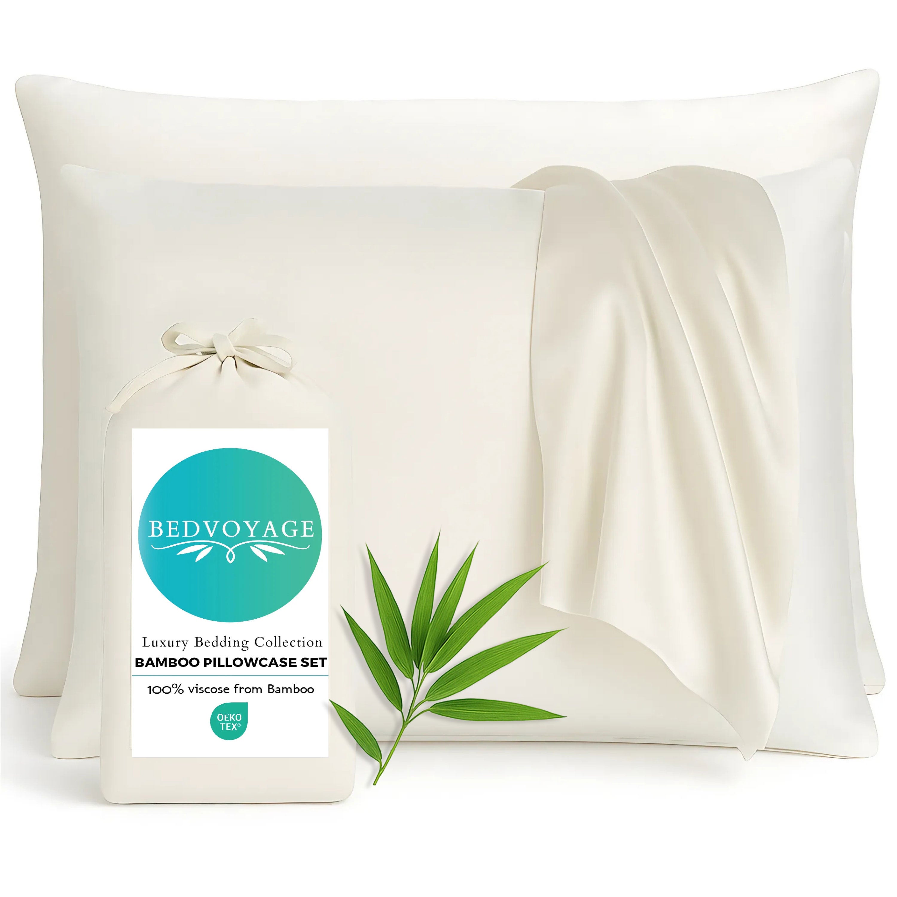 Bamboo pillowcase set with a label on a white background
