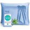Blue bamboo pillowcases with a Bedvoyage label on a white background