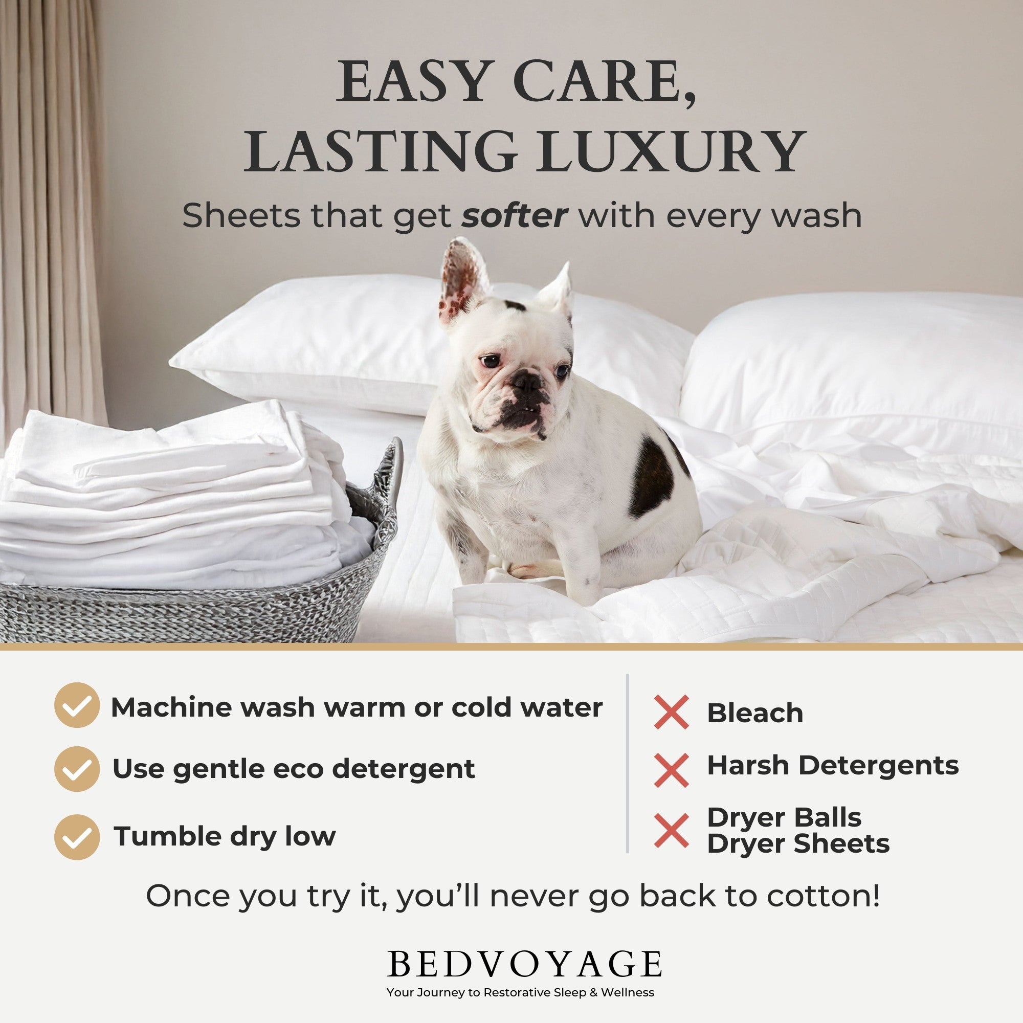 Dog on a bed with white sheets and text about easy care and lasting luxury bedding, featuring Bedvoyage brand.
