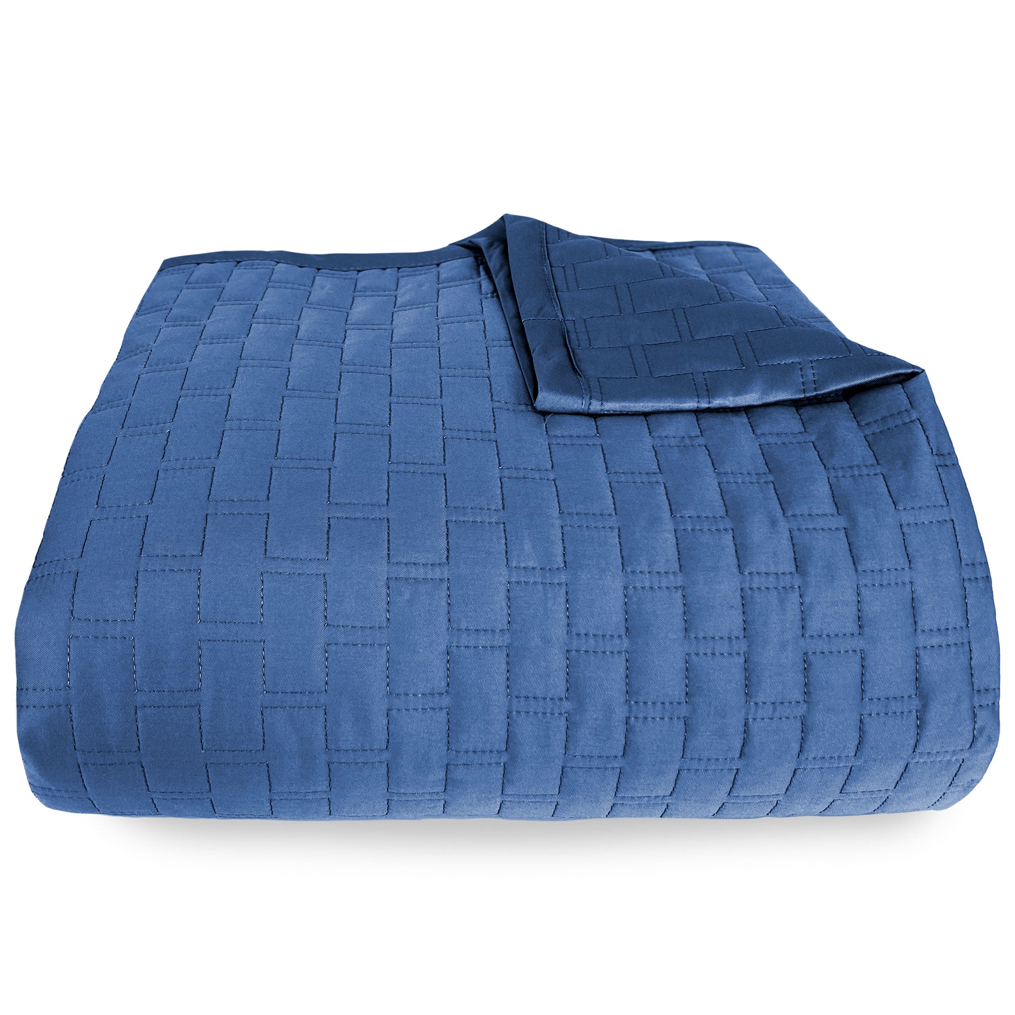 dark blue indigo folded bamboo quilted coverlet with brick pattern