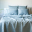 sky blue quilted bamboo coverlet on a bed with pillows