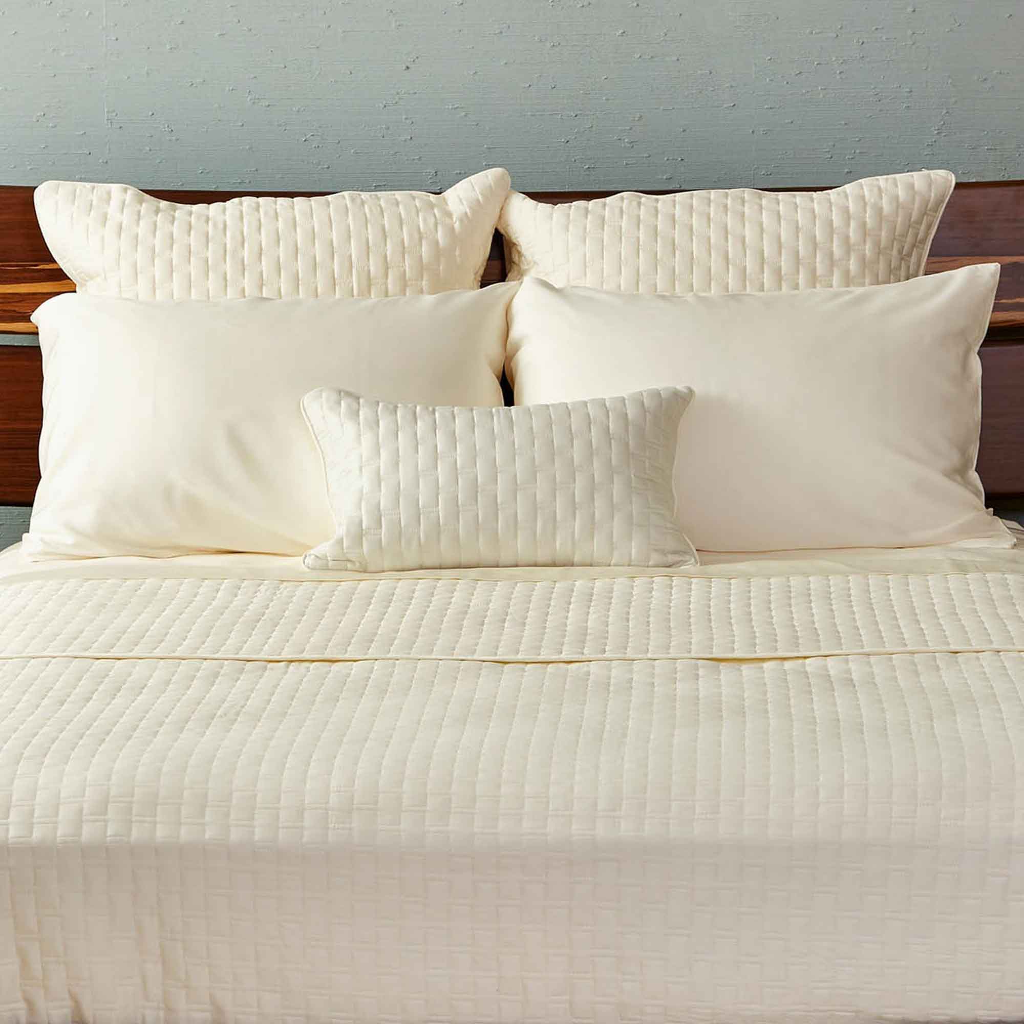 ivory bamboo quilted coverlet with brick pattern and bamboo pillowcases