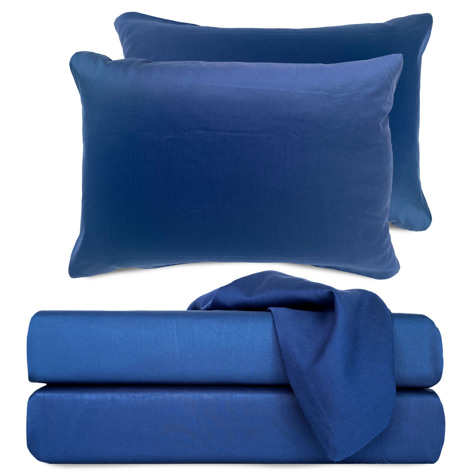 indigo blue sheet stack with pillows