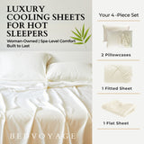 Belvoyage luxury cooling sheets for hot sleepers with product details on a white background