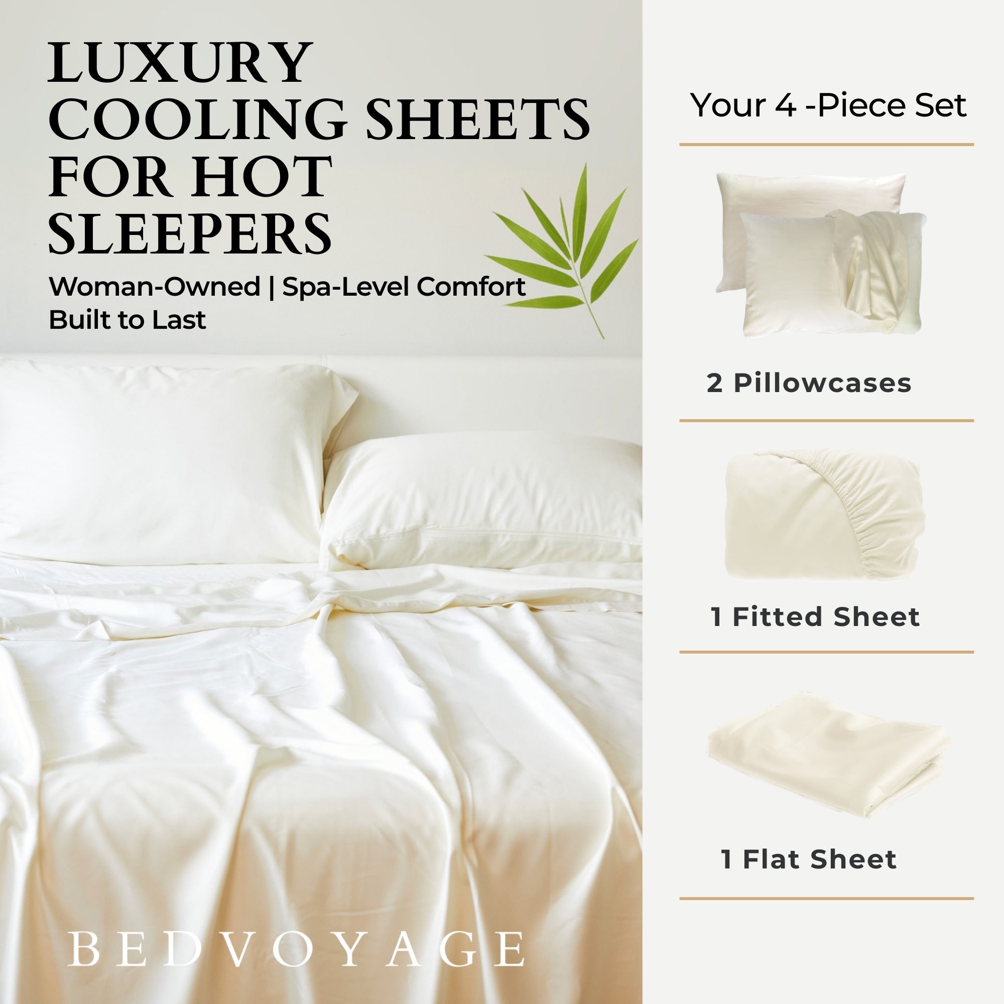 Belvoyage luxury cooling sheets for hot sleepers with product details on a white background