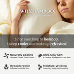 Advertisement for bamboo fabric with a person sleeping, highlighting benefits like cooling and softness.