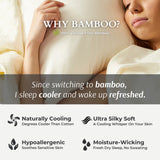 Advertisement for bamboo fabric with a person sleeping, highlighting benefits like cooling and softness.
