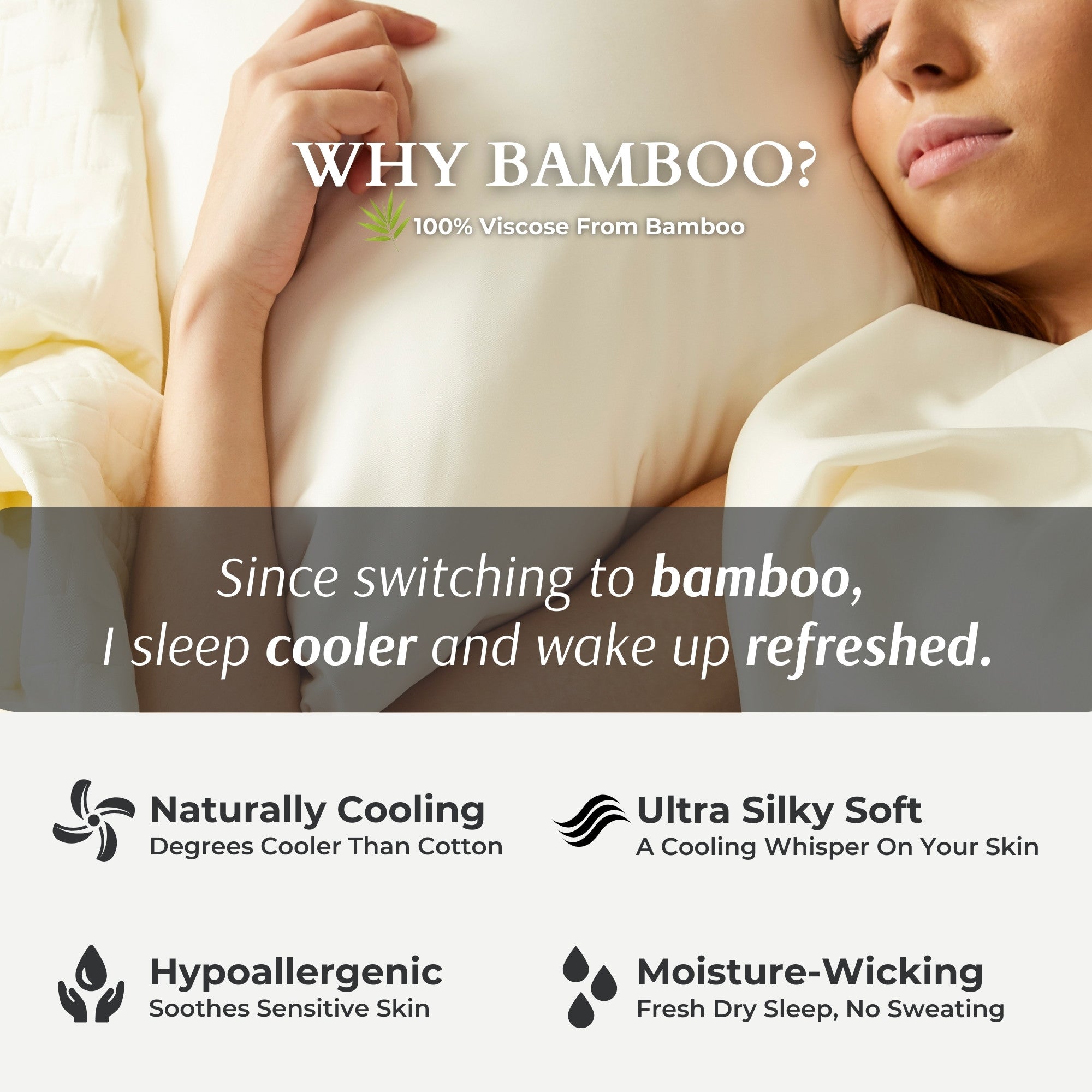 Advertisement for bamboo fabric with a person sleeping, highlighting benefits like cooling and softness.