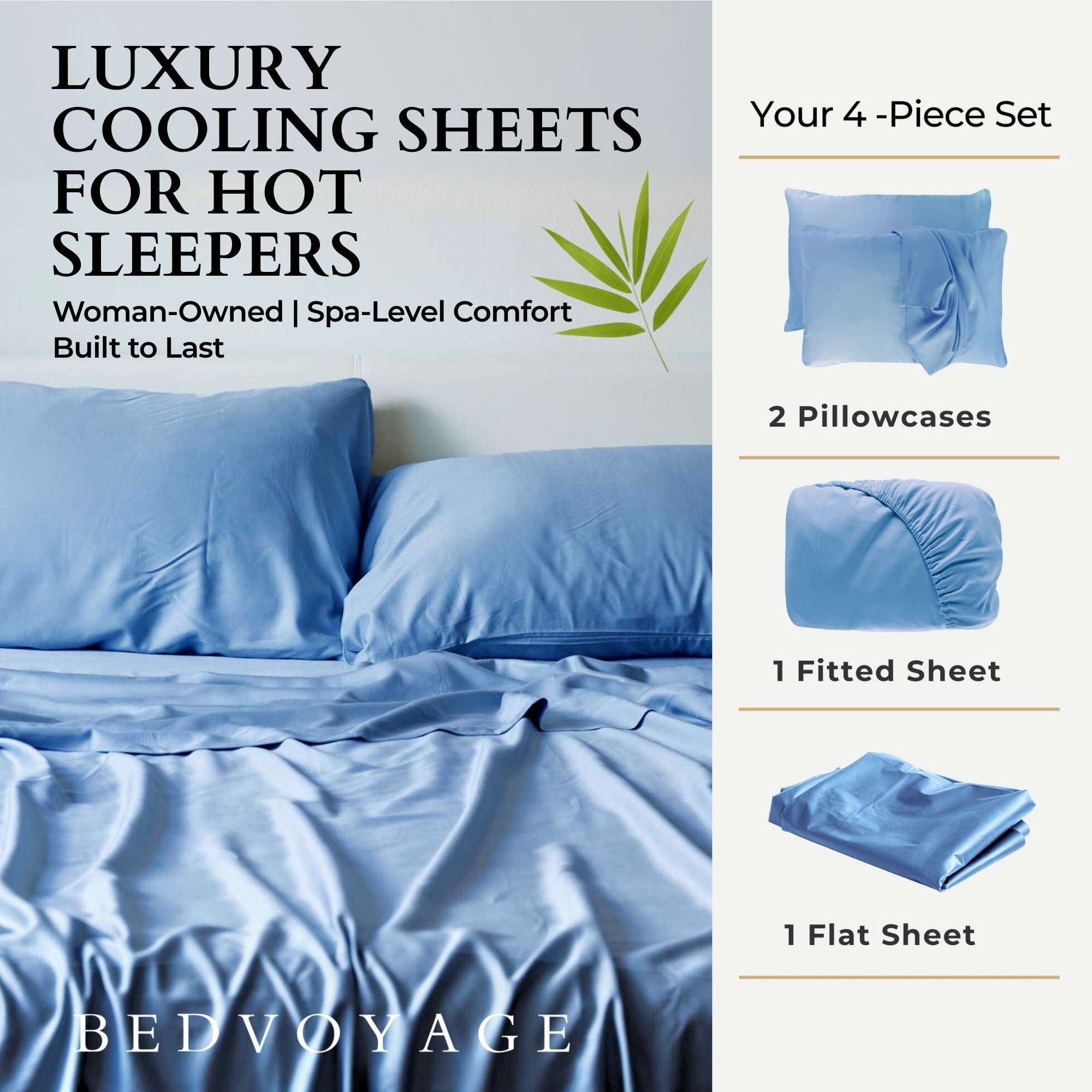 Bed sheets set with 'BedVoyage' branding and product description.