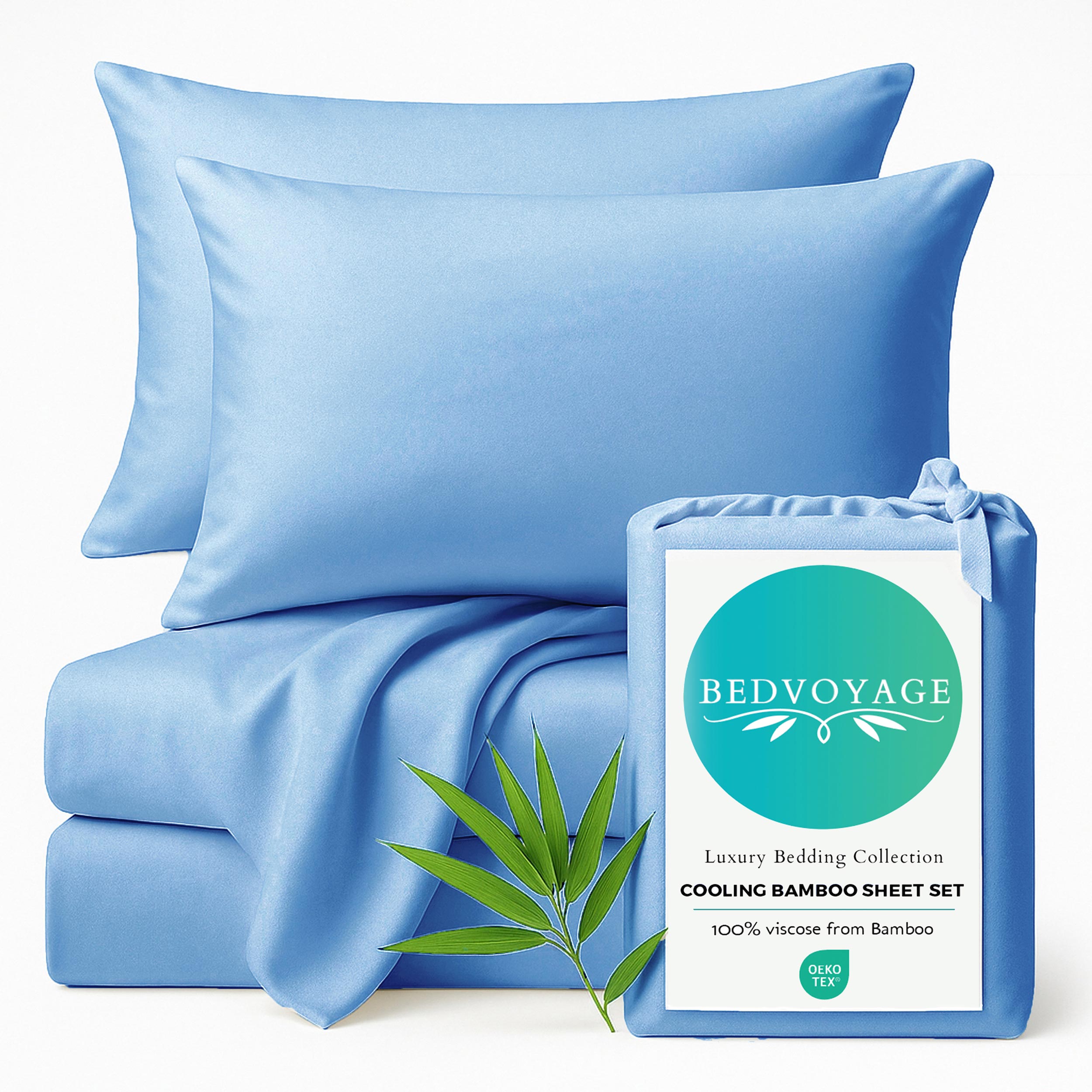 Blue bedding set with pillows and a 'BedVoyage' packaging on a white background