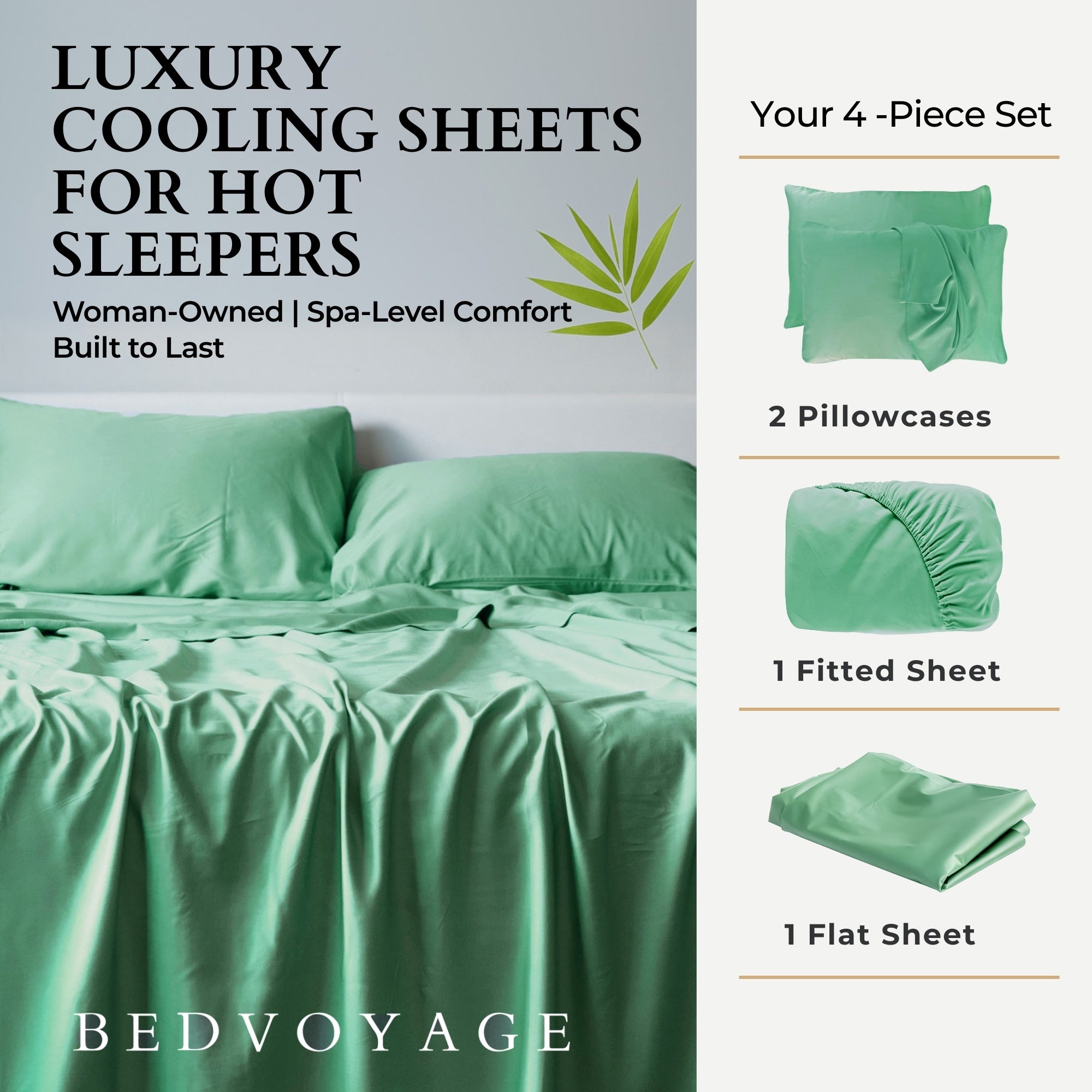 Green bedding set with 'Bed Voyage' branding and product description.