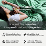 Person lying in bed with green bamboo sheets, text highlighting benefits of bamboo bedding.