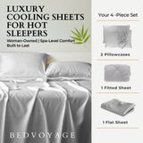 Bedvoyage luxury cooling sheets set with bed setup and product details.