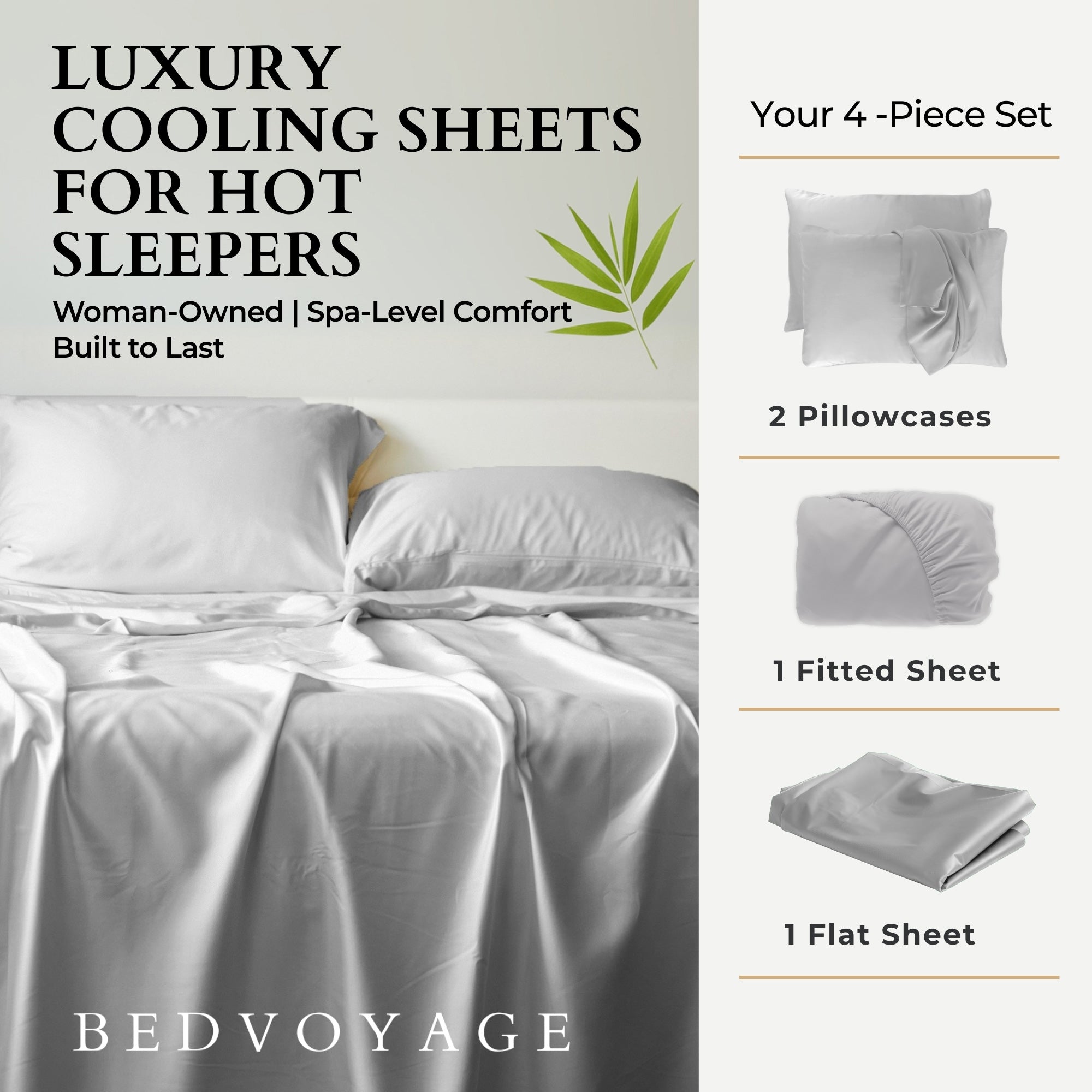 Bedvoyage luxury cooling sheets set with bed setup and product details.