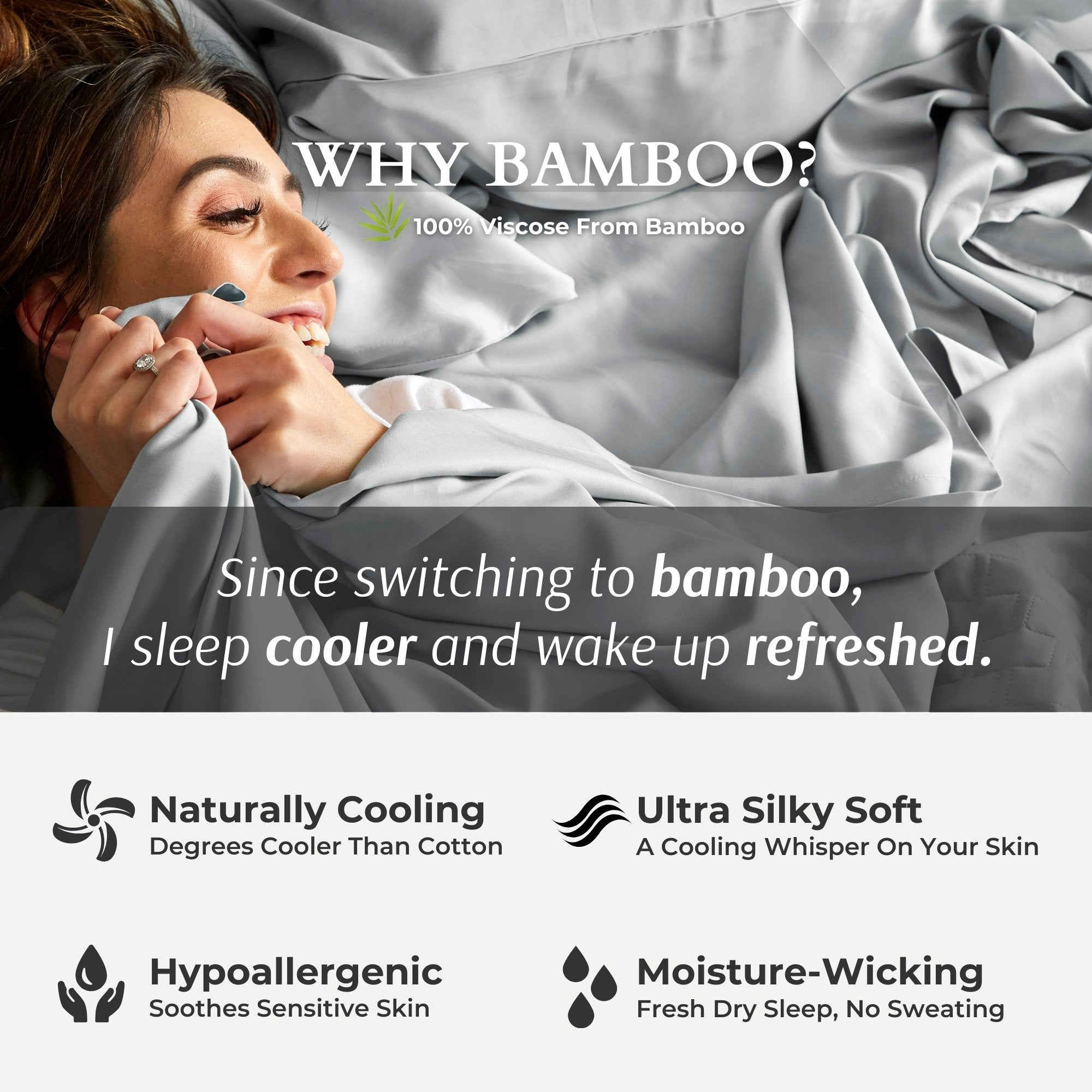 Woman lying in bed with bamboo bedding, featuring text and logos about the benefits of bamboo.