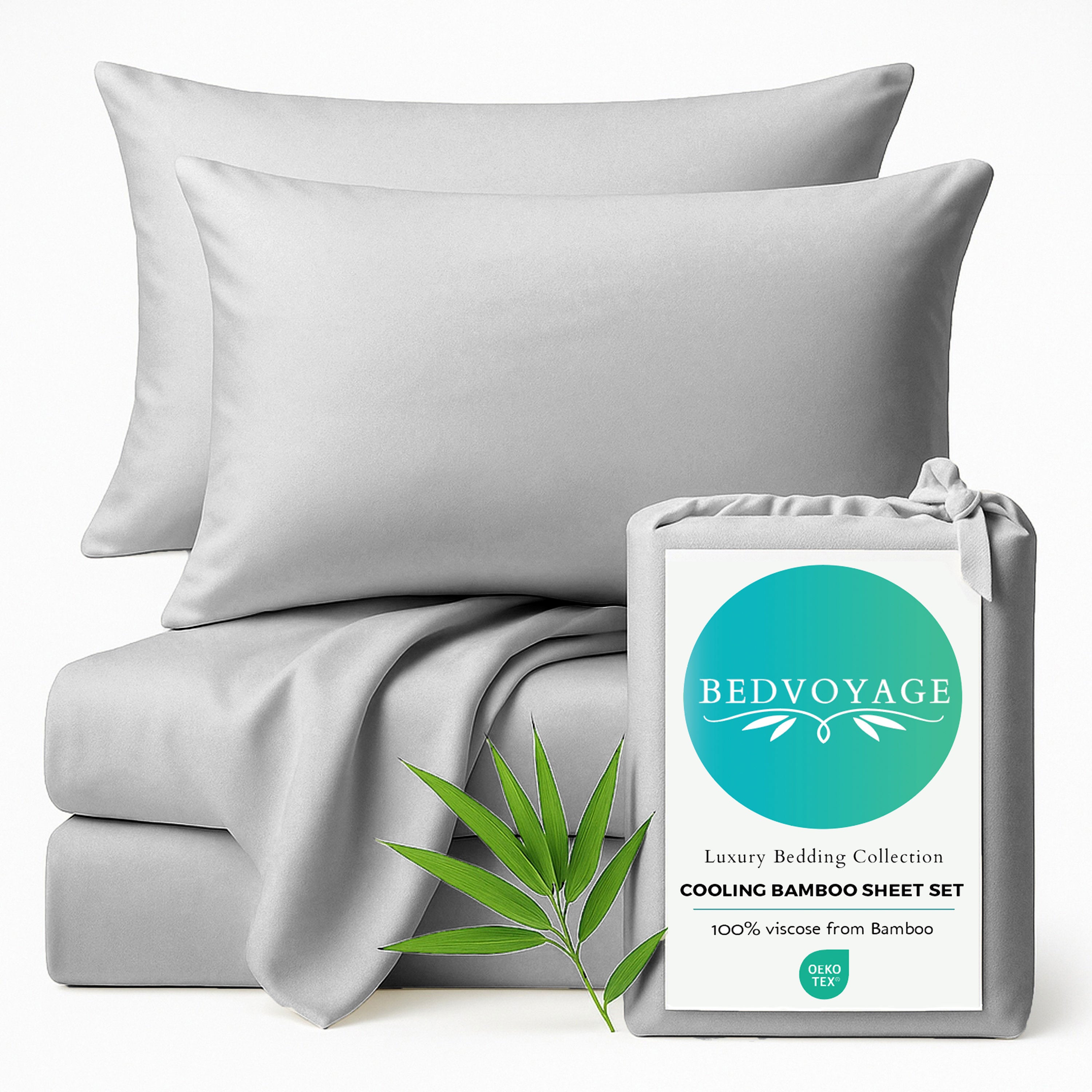 light gray bamboo bed sheets stack with pillows sitting on a white background with packaging bag and bamboo leaf 