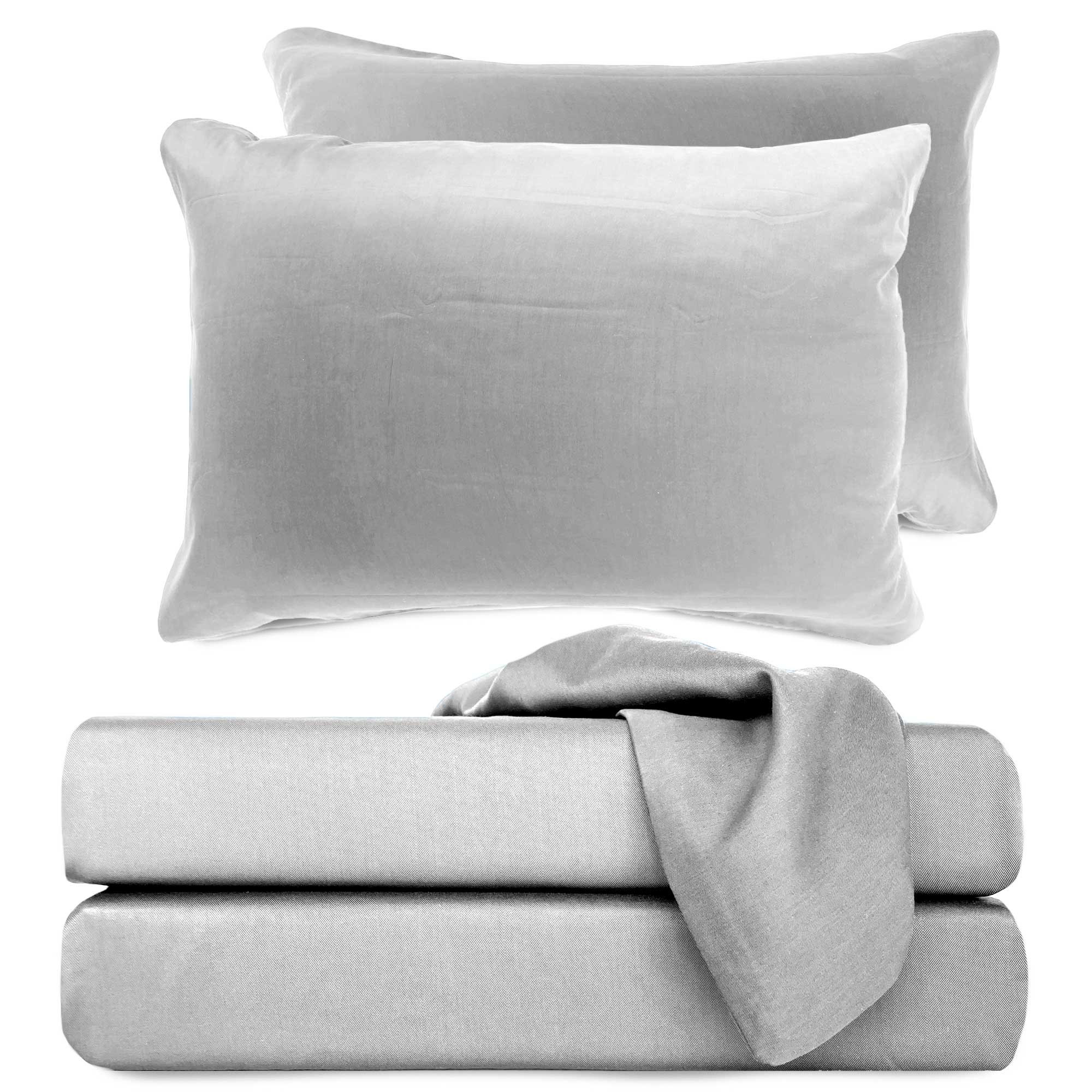 light gray stone stack of bamboo bed sheets with pillows