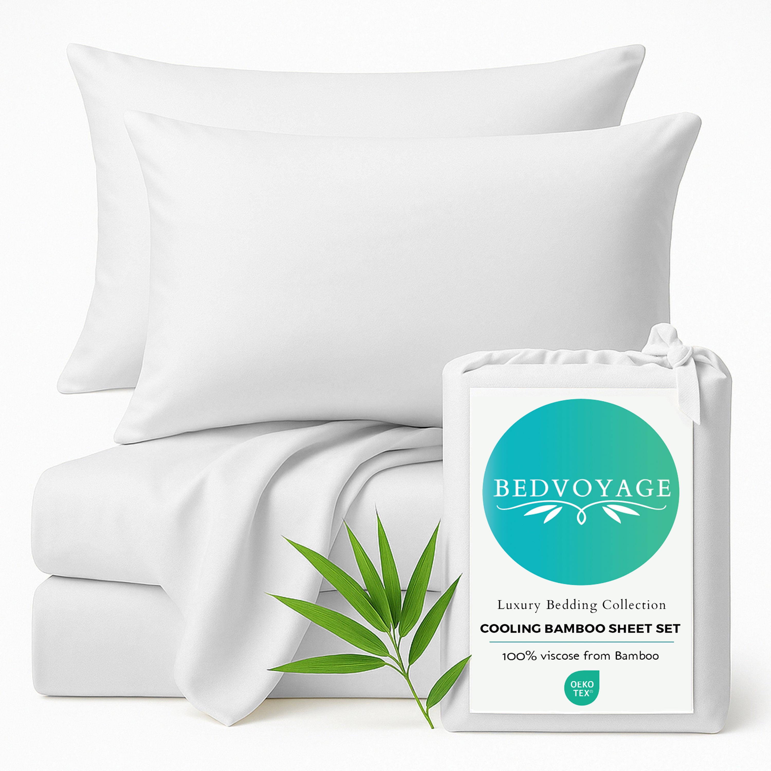white bamboo bed sheets stack with pillows sitting on a white background with packaging bag and bamboo leaf 