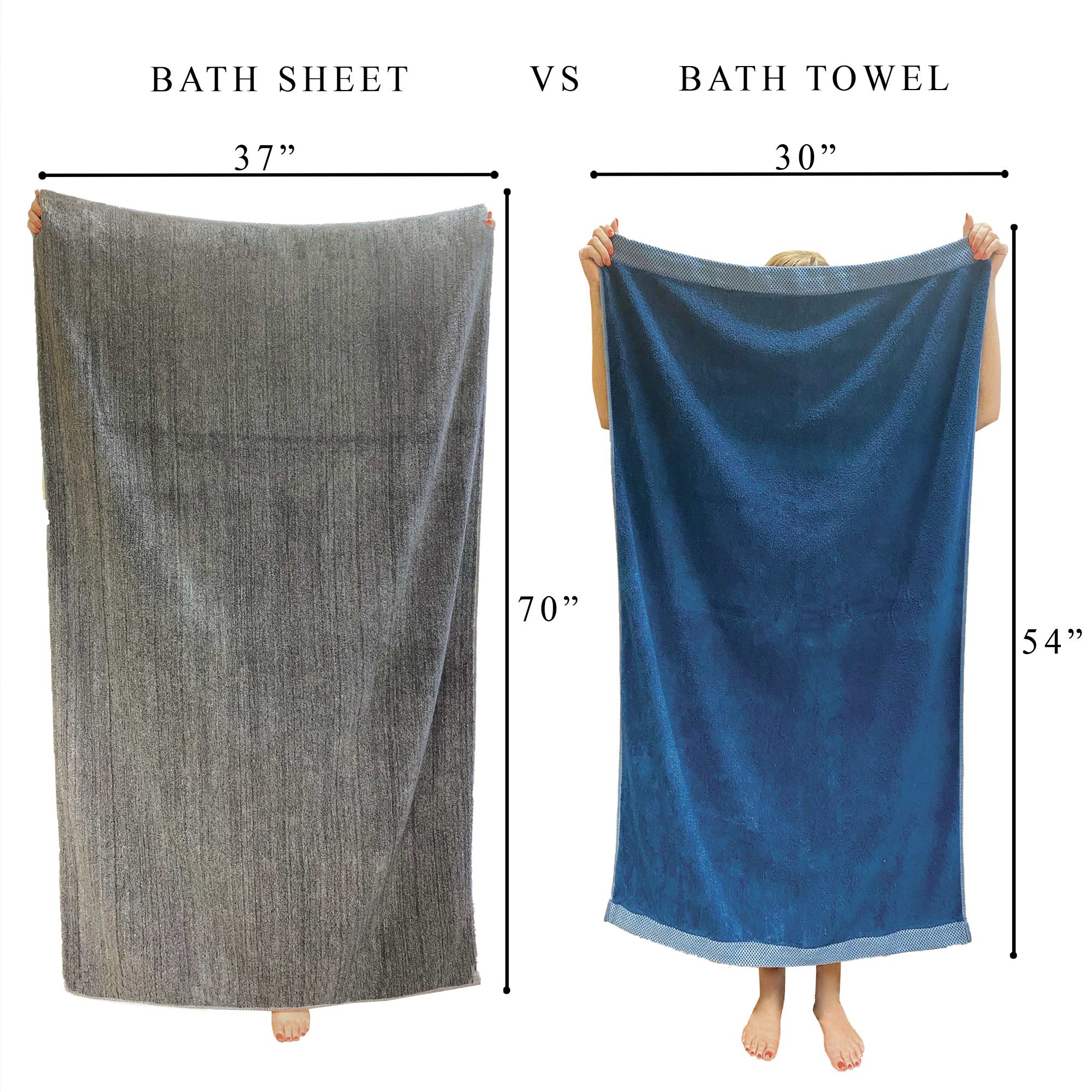 size chart showing difference in bath sheet and bath towel sizing holding them up