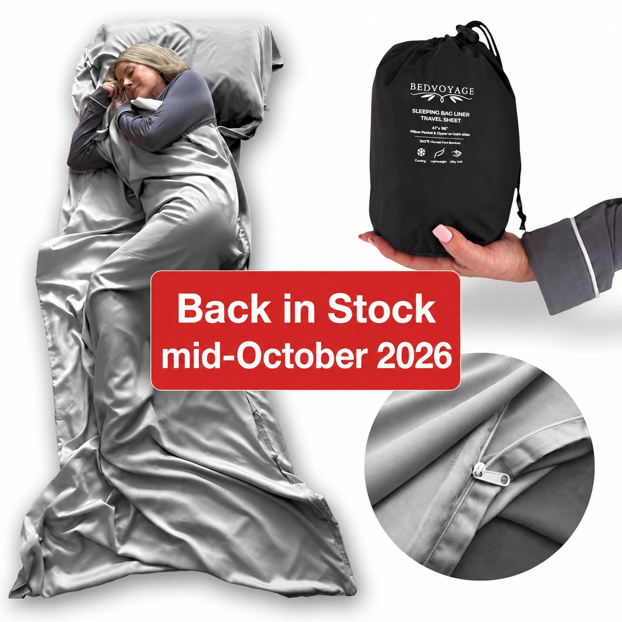 A gray satin sleep bag shown on a model lying down, alongside a hand holding the black drawstring storage pouch, a circular fabric detail inset, and a red text banner reading 'Back in Stock mid-October 2026'.