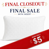 A white quilted rectangular pillow shown on a white background with promotional text reading 'FINAL CLOSEOUT', 'FINAL SALE WITH INSERT', and a red diagonal banner offering '$5 NOW ONLY'.