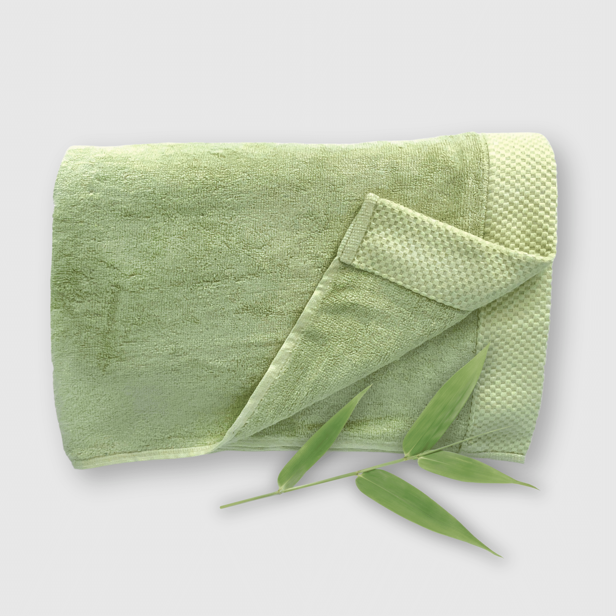 sage green luxury bamboo bath towel with basket weave edging and bamboo stalk