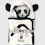 white and black trimmed bamboo baby hooded towel with panda face packaging