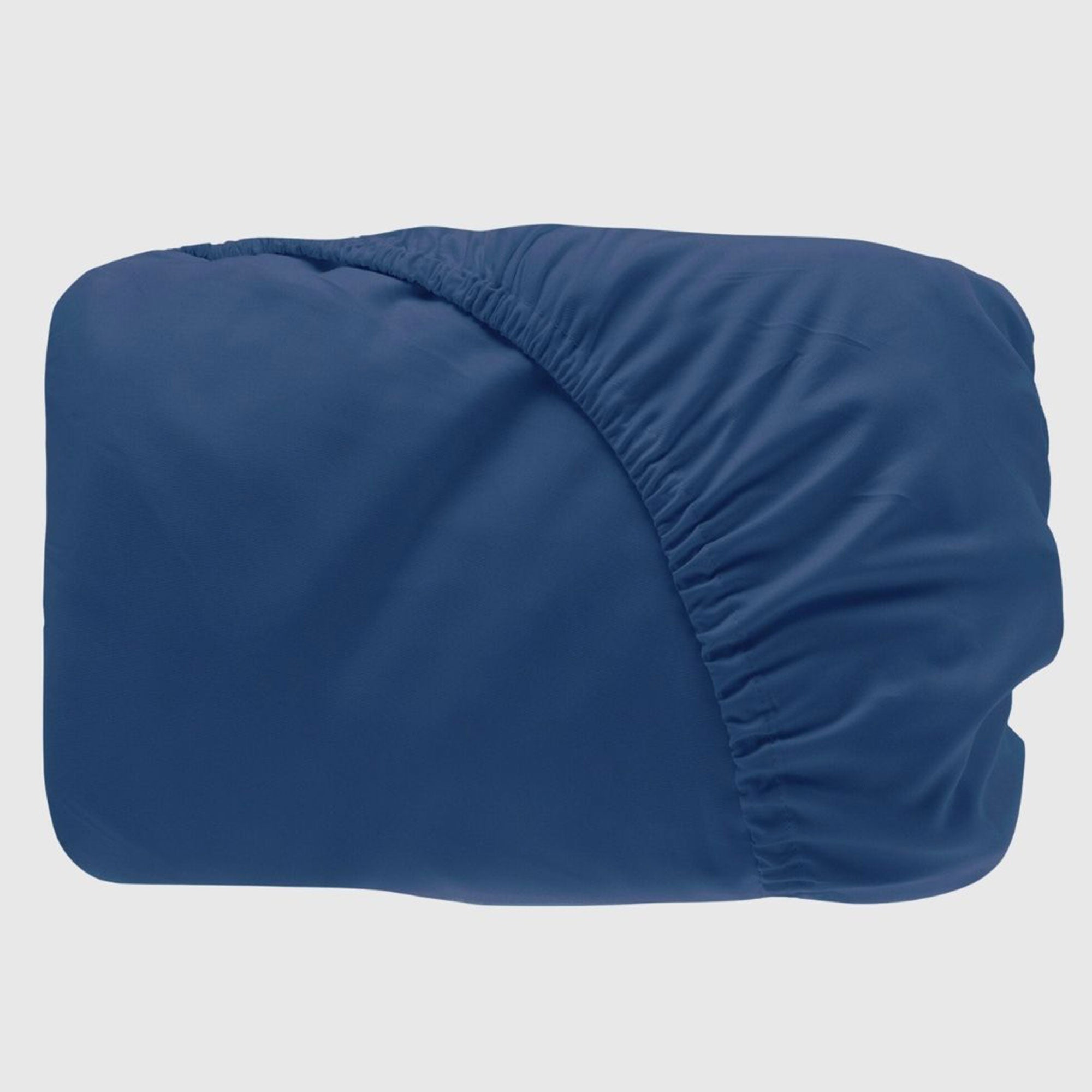 dark blue indigo bamboo fitted sheet folded to show the elastic