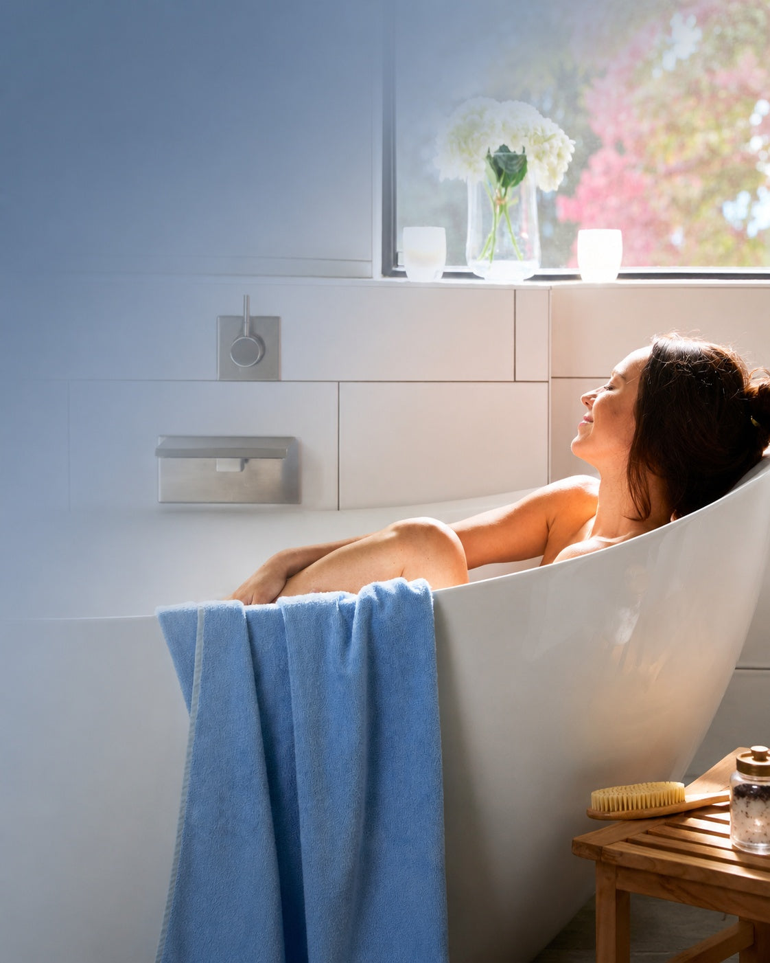 woman smiling while bathing in modern tub with ocean blue bamboo towels draped over edge of tub 