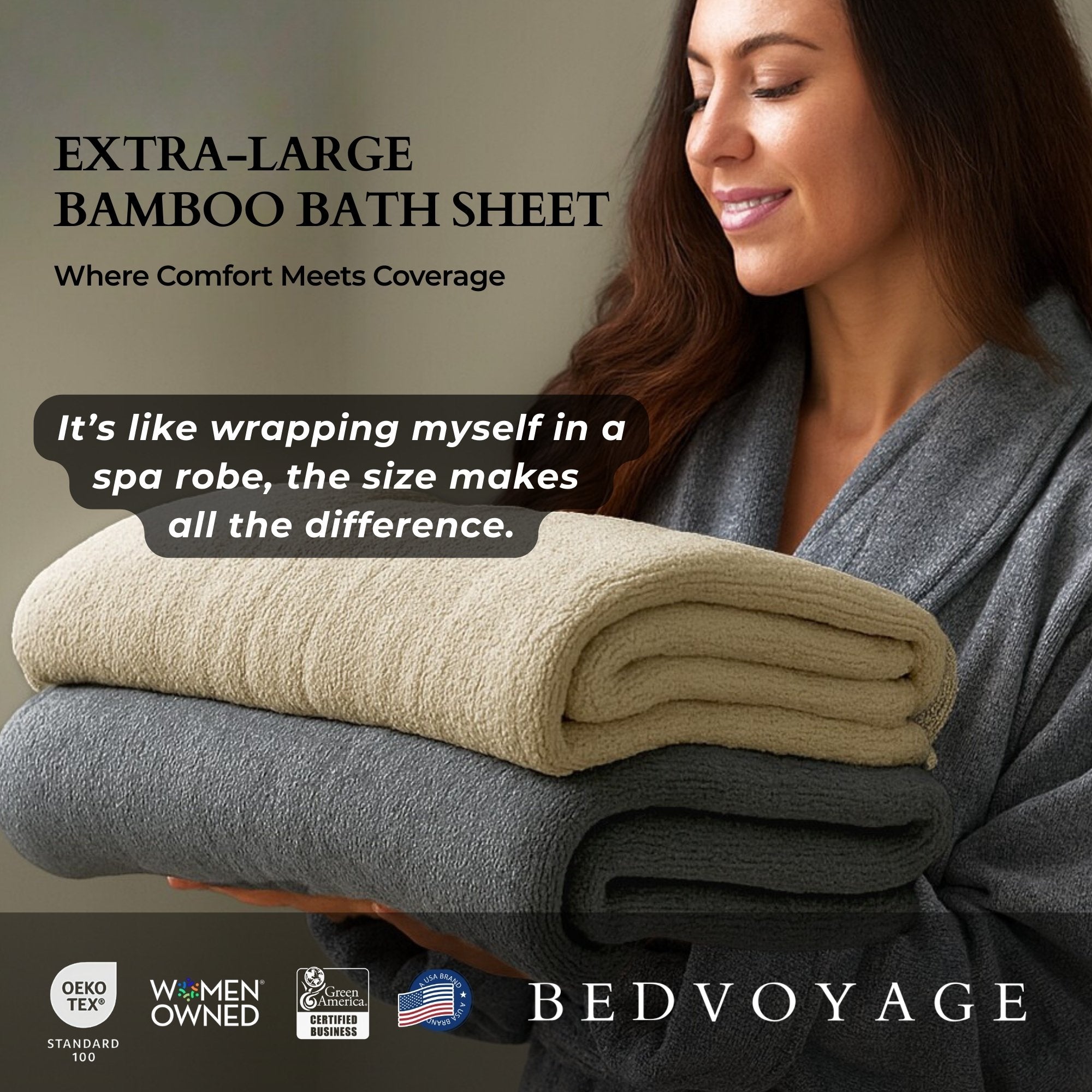 Woman holding extra-large bamboo bath sheets with promotional text and Bed Voyage branding.