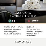 Bedvoyage care instructions with towels and washing machine in the background