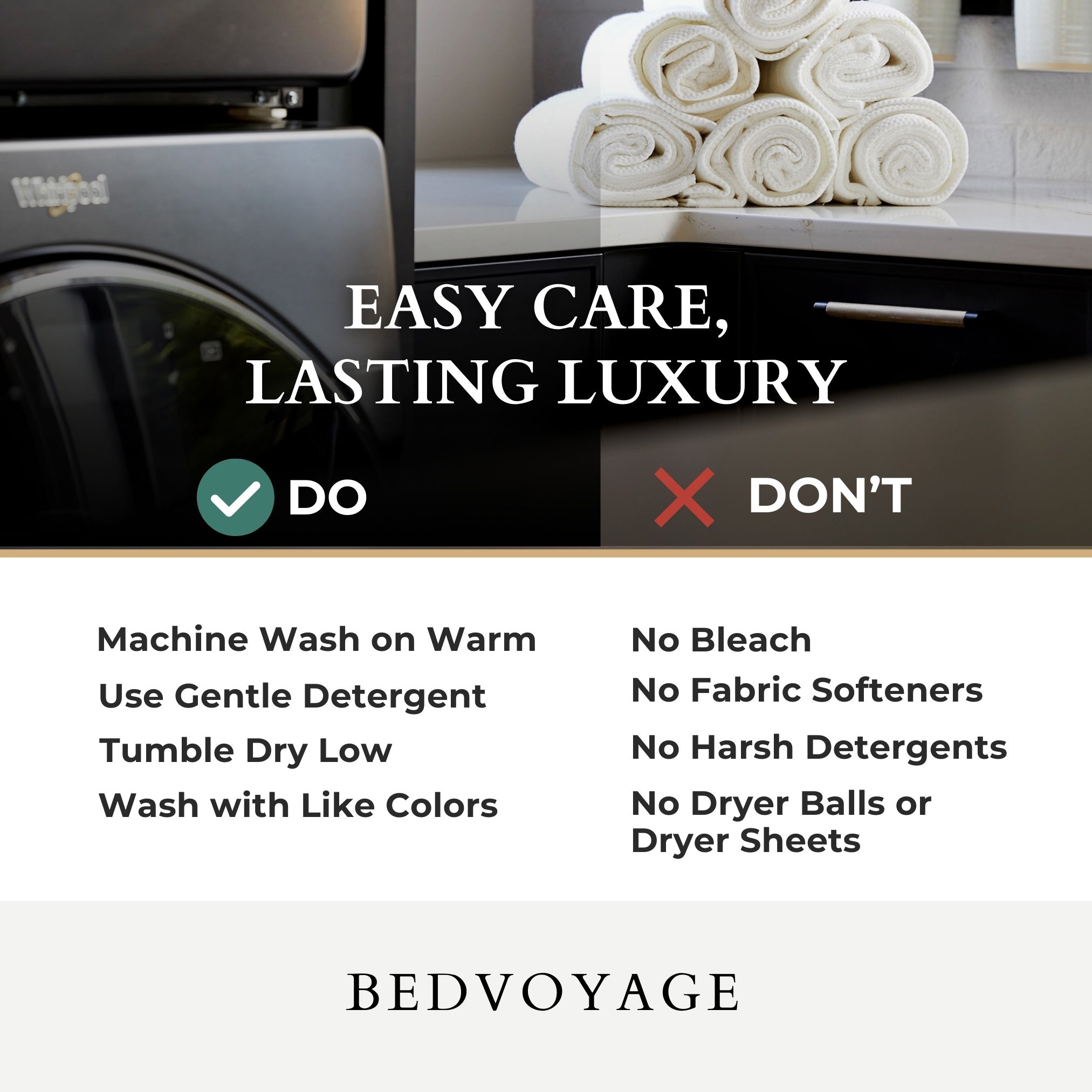 Bedvoyage care instructions with towels and washing machine in the background