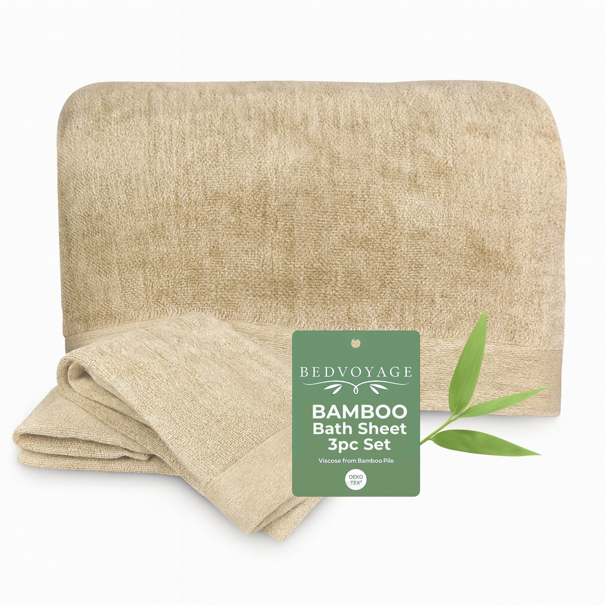 Beige bamboo bath sheet with a green label on a white background