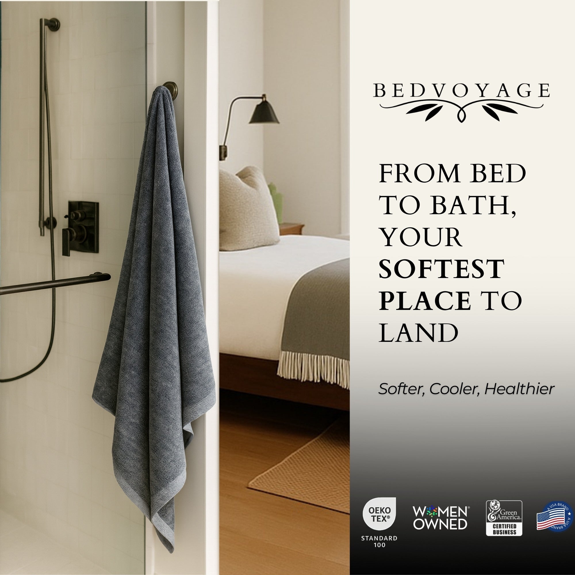 Gray towel hanging on a shower door with a bed in the background, featuring Bed Voyage branding.