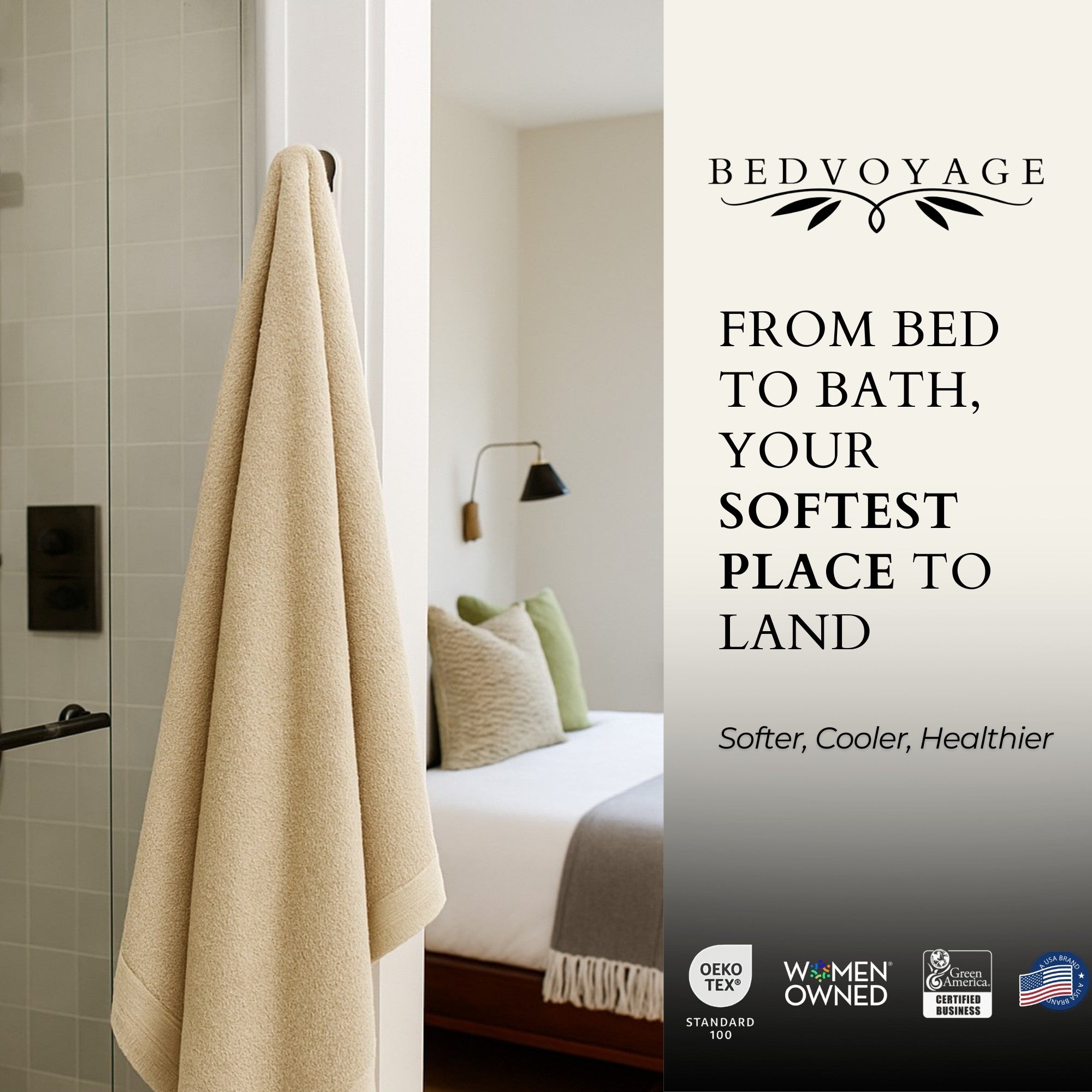 Beige towel hanging in a bathroom with 'Bed Voyage' advertisement on the right.