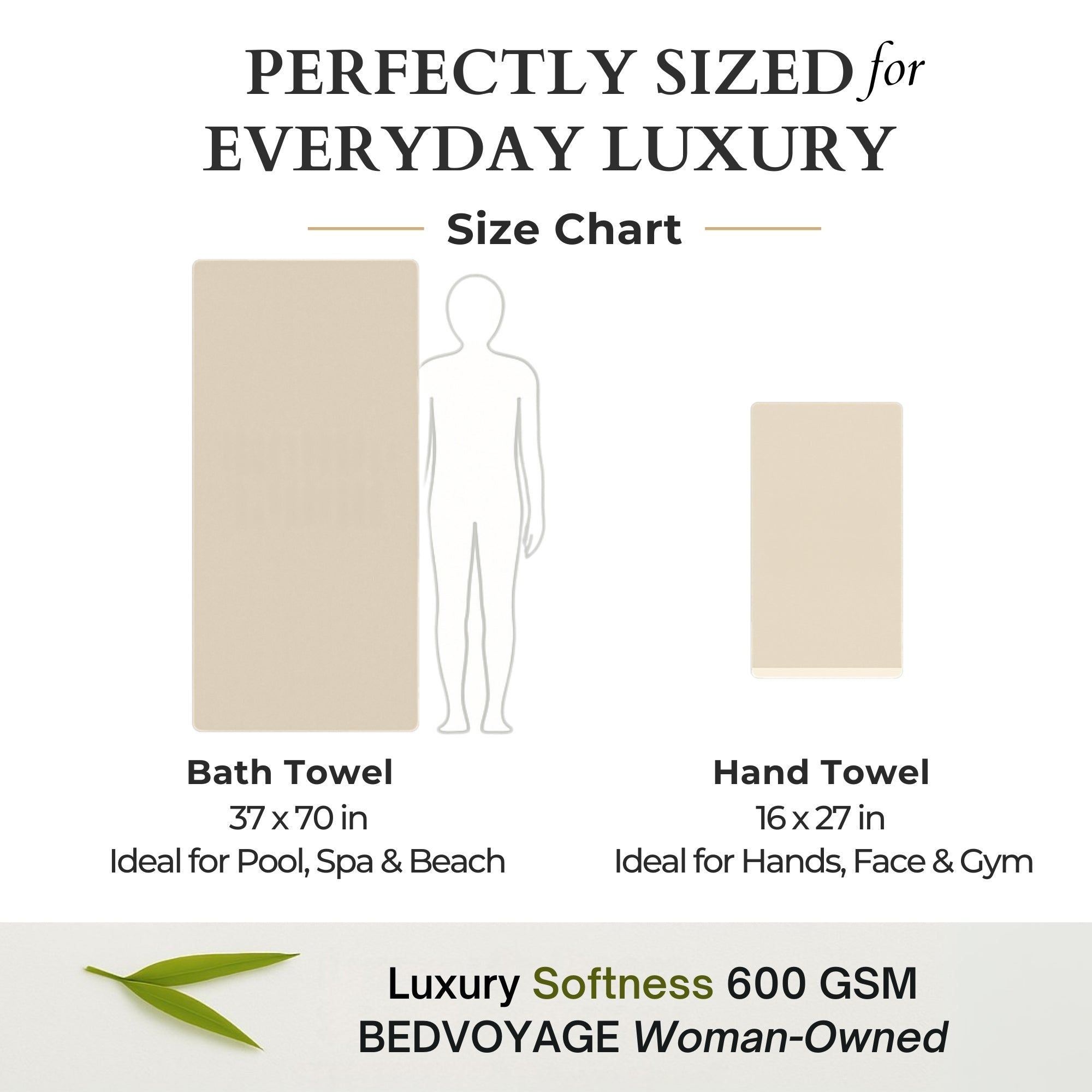 Size chart for bath and hand towels with dimensions and uses, featuring BEDVOYAGE branding.