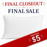A white quilted rectangular pillow shown on a white background with promotional text reading 'FINAL CLOSEOUT', 'FINAL SALE', and a red diagonal banner that says 'NOW ONLY $5'.