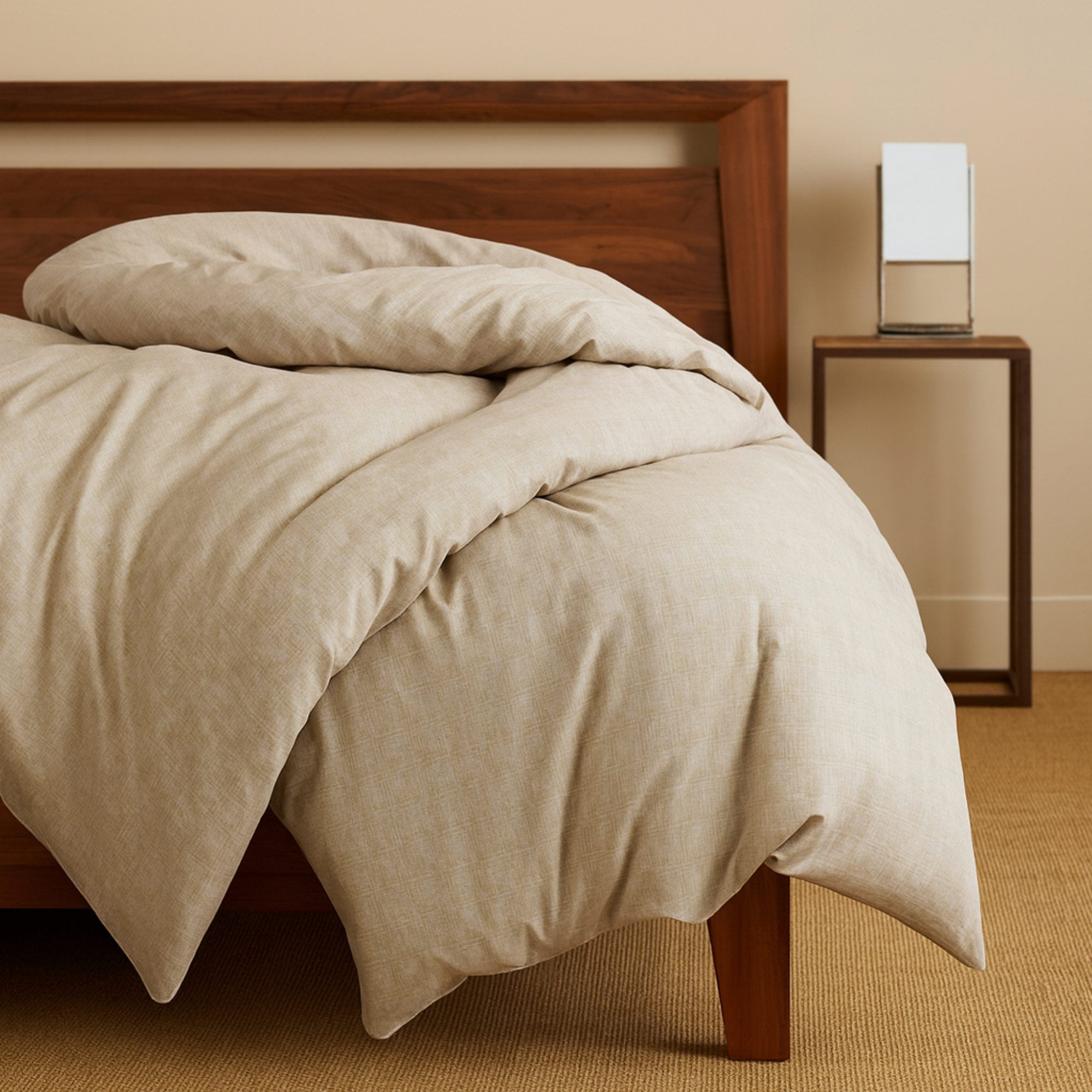 beige sand bamboo duvet cover draped over wood bed with lamp and tan walls