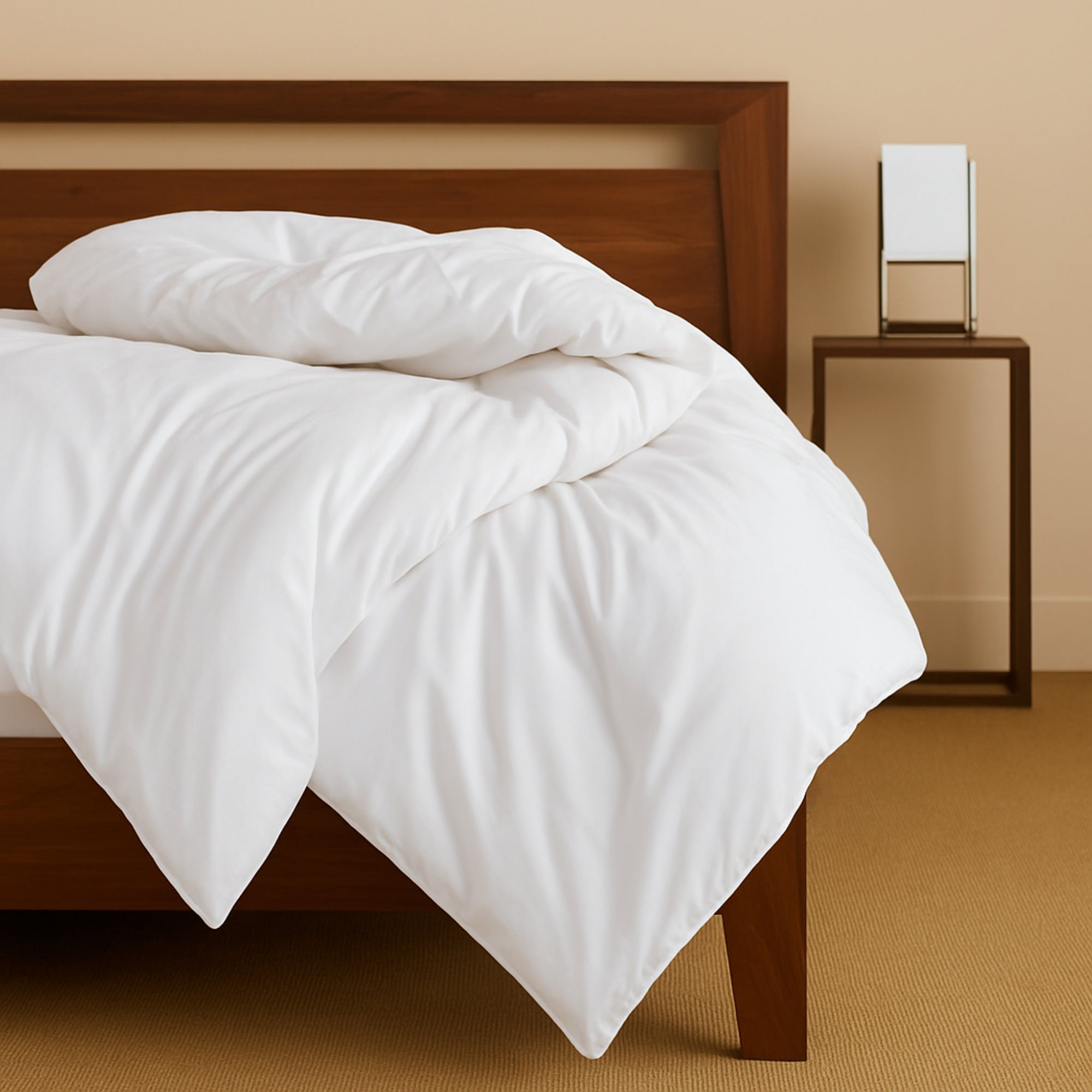 white duvet cover draped over end of wooden bed with tan floors
