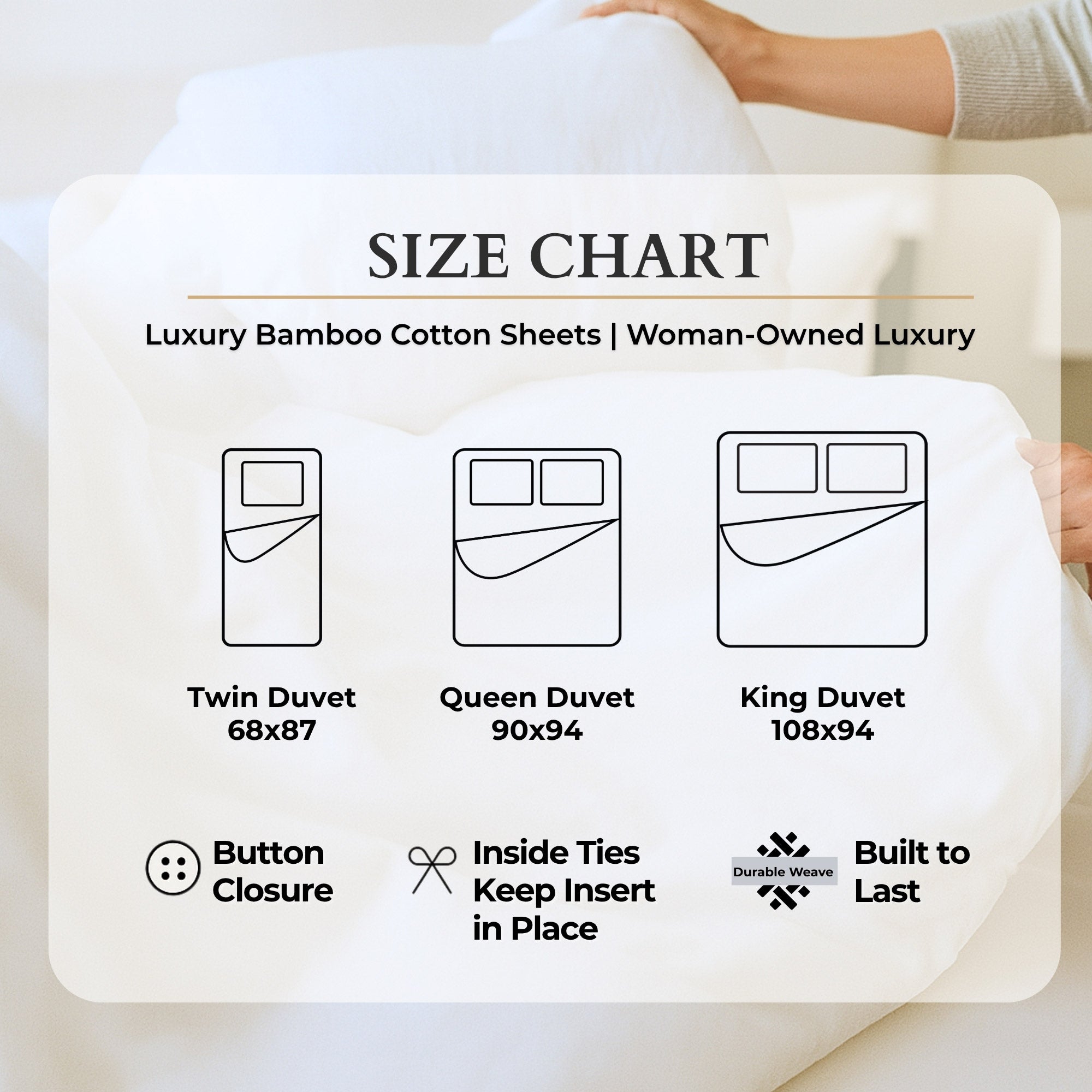 Size chart for Luxury Bamboo Cotton Sheets with illustrations of duvet sizes and features.
