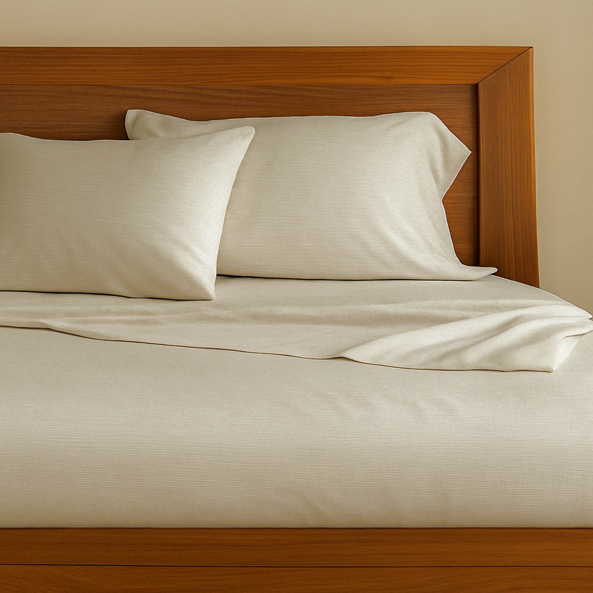 Beige bamboo bed sheets and pillows on a wooden bed with a wooden headboard.
