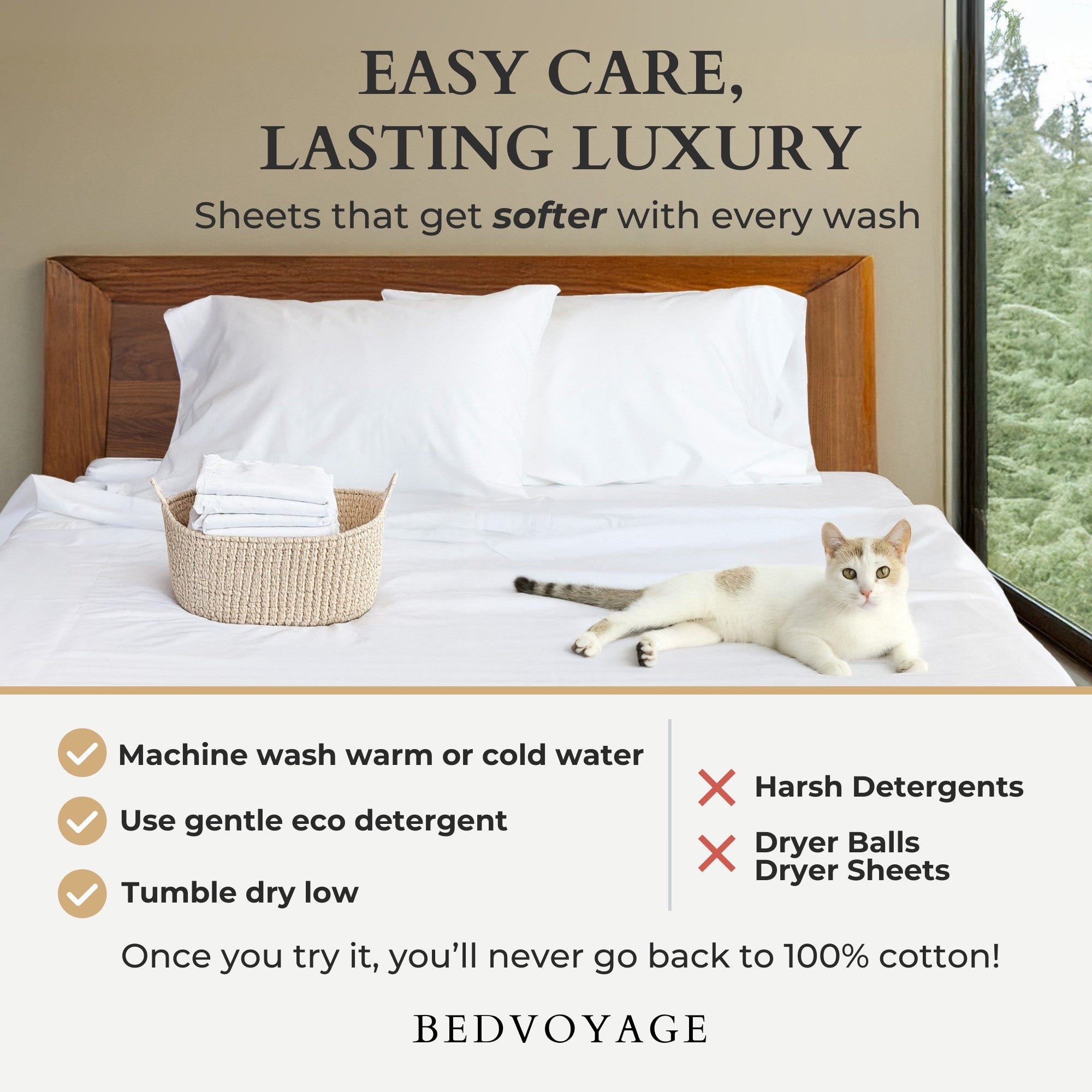 Bed with white bamboo sheets, cat, and text about easy care and lasting luxury bedding from Bedvoyage.