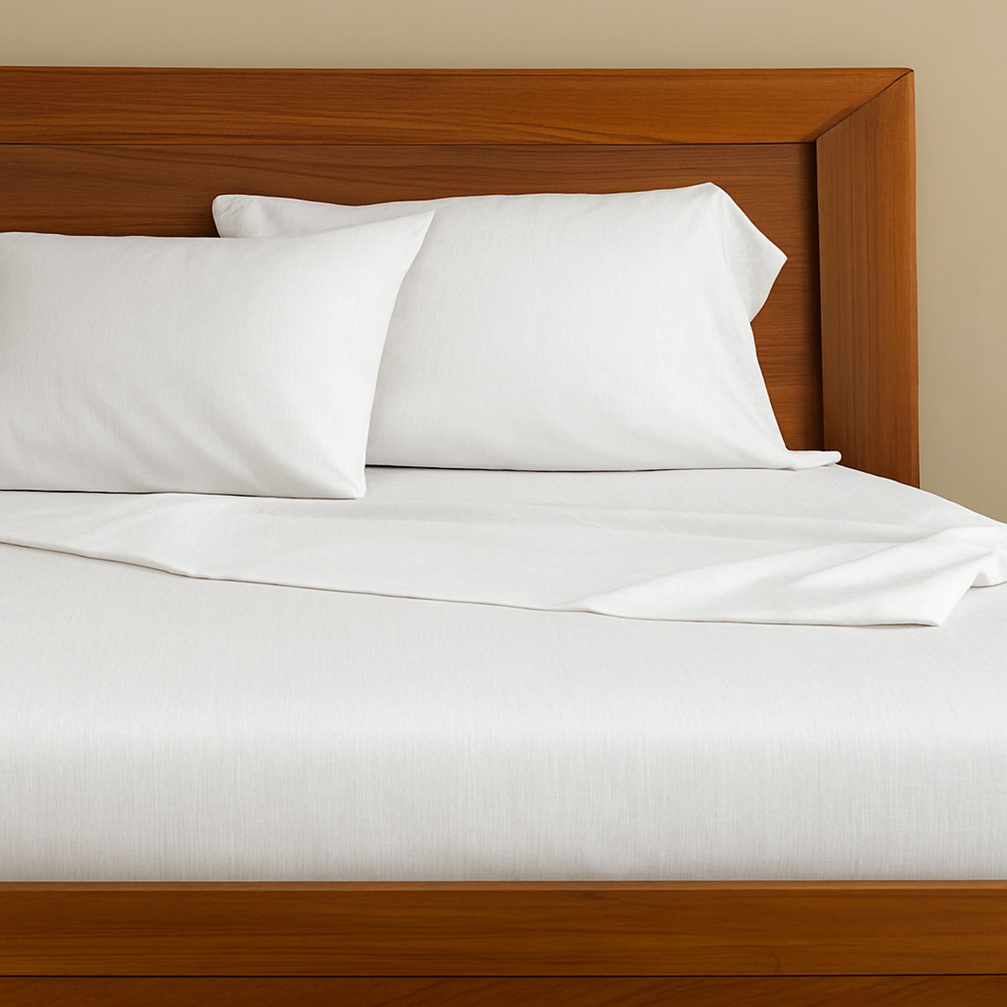 White bed sheets and pillows on a wooden bed frame against a beige wall.
