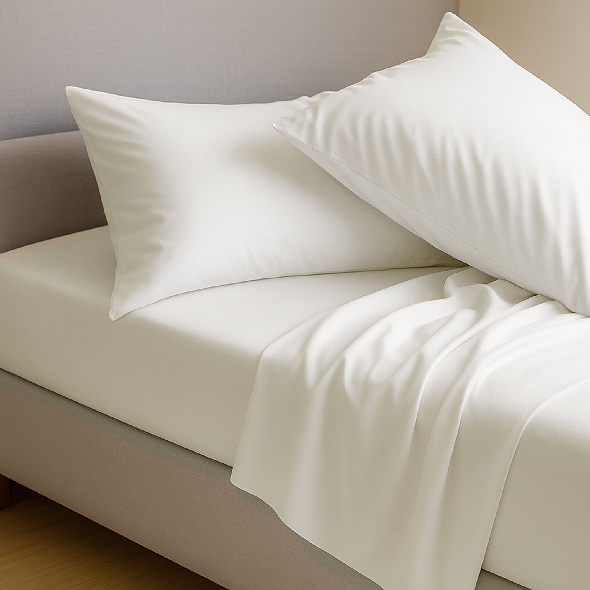 White pillows on a bed with white bamboo bedding