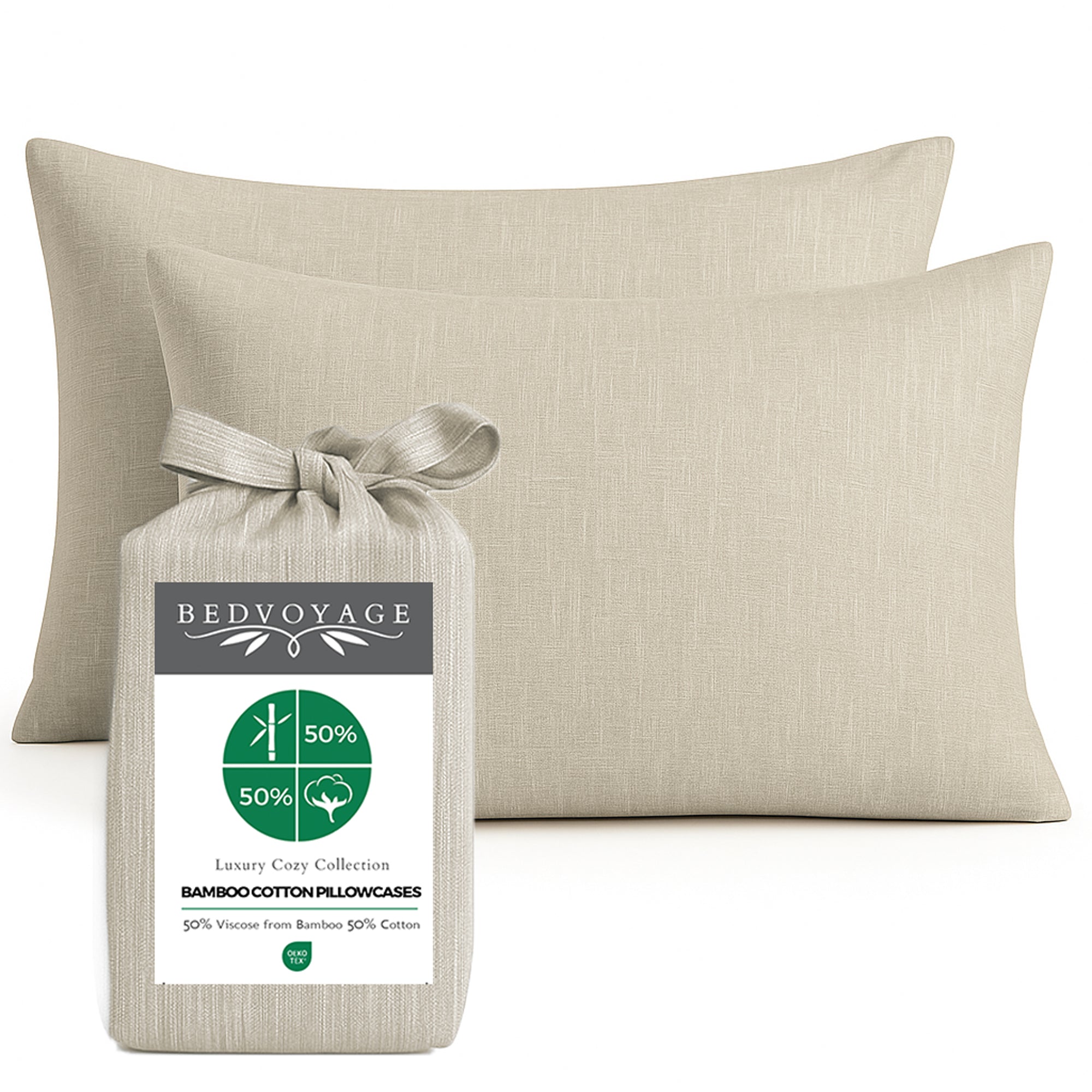 Beige bamboo pillowcases with a Bedvoyage packaging bag on a white background